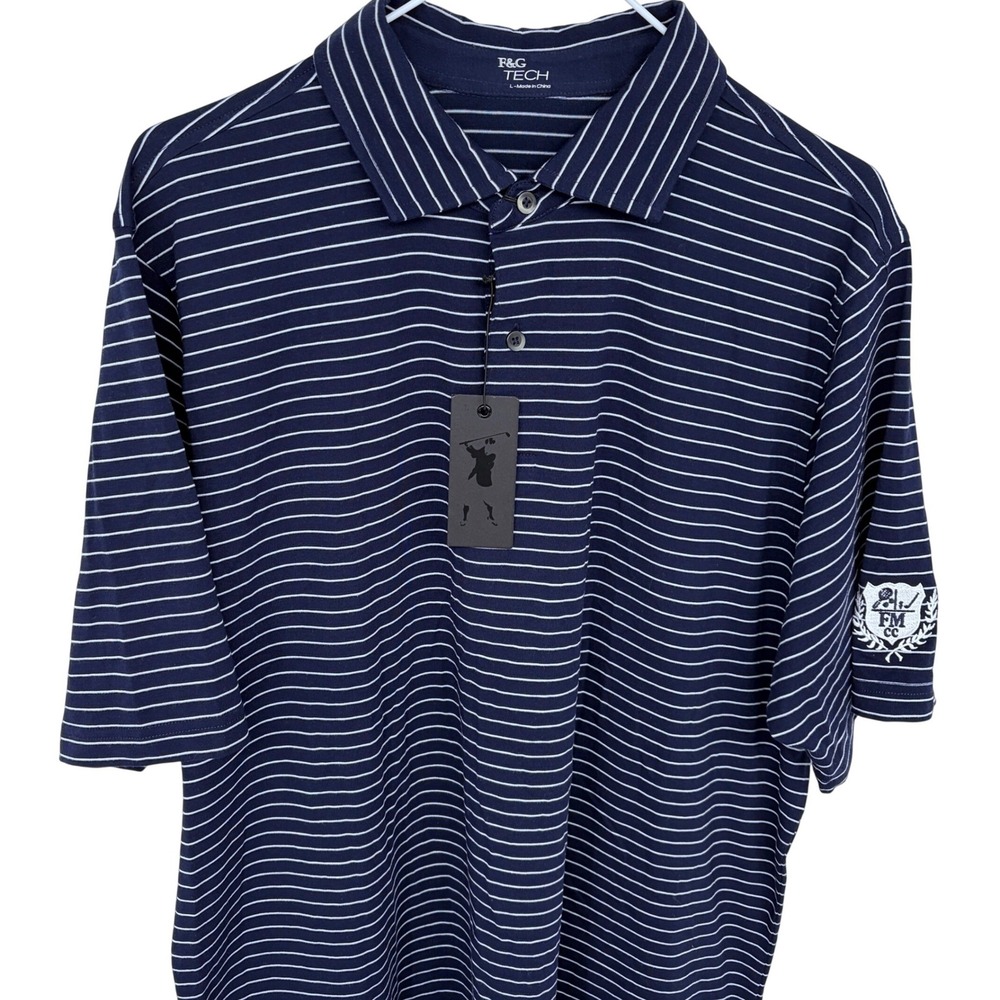 NEW F&G Tech Striped Golf Polo Shirt Large Mens‎ Navy Blue White Stripes Golfing